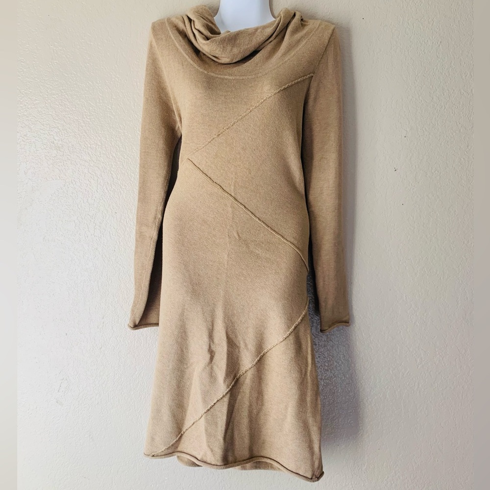 Athleta Camber Tan Cowl Neck Autumn Chic Minimalist Midi Dresss Size S